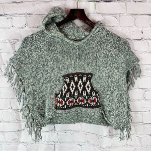 Mimi & Maggie Gray western southwestern boho Poncho sweater Fringe girls one sz